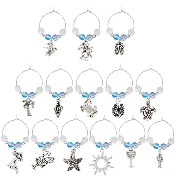 

PandaHall Sea Animals Alloy Wine Glass Charms, with Brass Hoop Earring Findings and Synthetic Moonstone Bead, Crab/Coconut Tree/Fish...