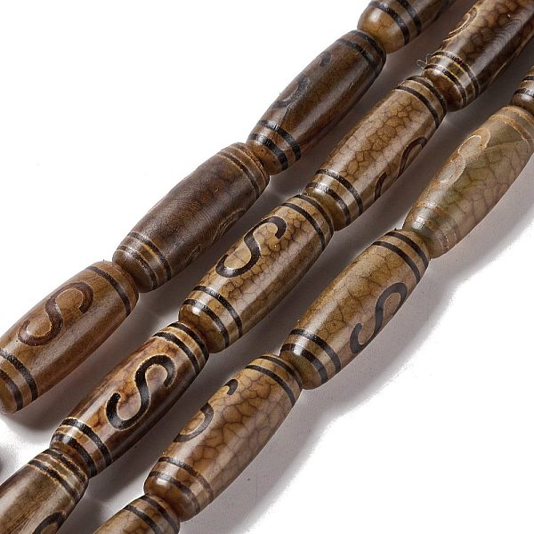 

PandaHall Tibetan Style dZi Beads Strands, Natural & Dyed Agate Beads, Rice, Money Hook Pattern, 28.5~30x10mm, Hole: 2.5mm, about...