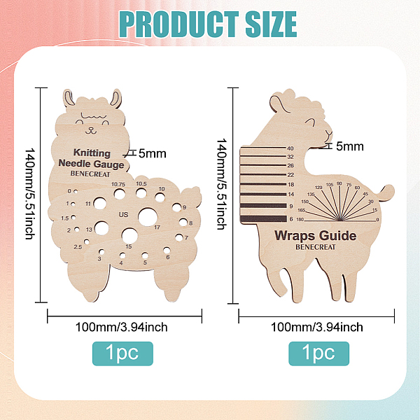 BENECREAT 1 Set Sheep Shape Wooden Knitting Needle Gauge & Yarn Wrap Guide Board