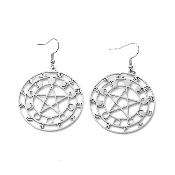PandaHall 12 Constellations & Moon Phase & Star 304 Stainless Steel Dangle Earrings for Women, Stainless Steel Color, 57mm, Pin: 0.7mm 304...