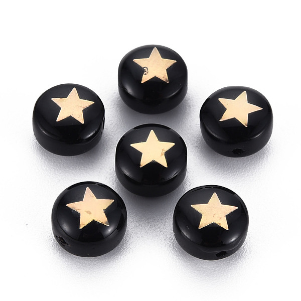 

PandaHall Handmade Lampwork Beads, with Golden Plated Brass Etched Metal Embellishments, Flat Round with Star, Black, 8x5~6mm, Hole: 0.8mm...