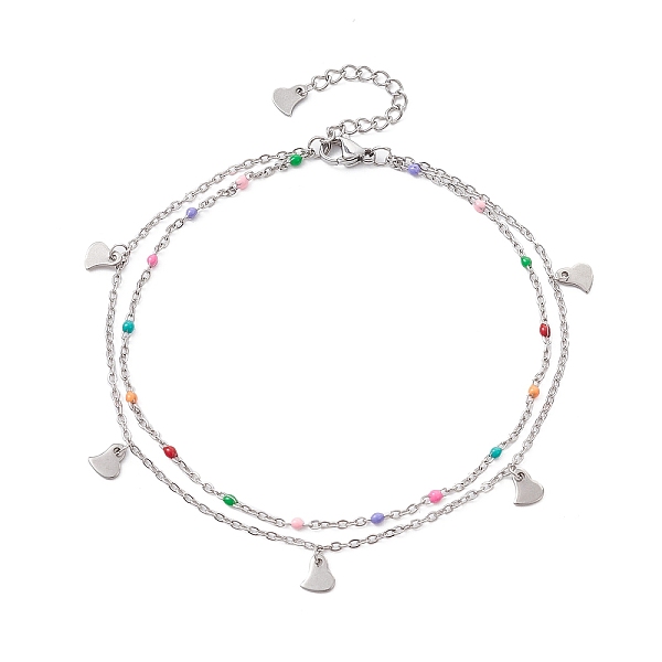 

PandaHall 304 Stainless Steel Cable Chains Double Layer Anklets, with 201 Stainless Steel Heart Charms, Stainless Steel Color, 9-1/8 inch...