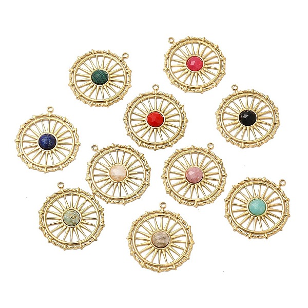 

PandaHall Ion Plating(IP) 316 Stainless Steel Flat Round Pendants, Natural & Synthetic Mixed Gemstone Sun Charms, Faceted, Real 24K Gold...