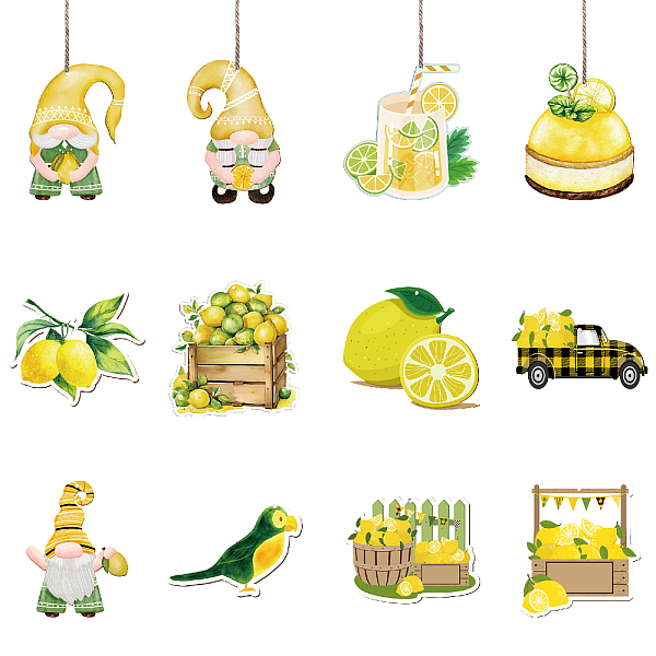 

PandaHall Lemon Theme Wooden Pendant Decorations, Jute Cord Hanging Ornaments, Mixed Shapes, Yellow, 60~100x60~100mm, Hole: 3mm, 12style...