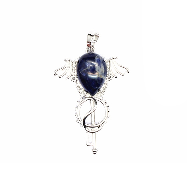 

PandaHall Natural Sodalite Teardrop Pendants, Platinum Tone Brass Key Scepter Wing Charms, 45x35x9mm Sodalite Key