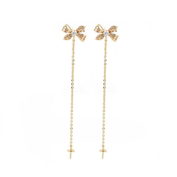 

PandaHall Brass Micro Pave Clear Cubic Zirconia Stud Earring Findings, for Half Drilled Beads, Nickel Free, Bowknot, Real 18K Gold Plated...