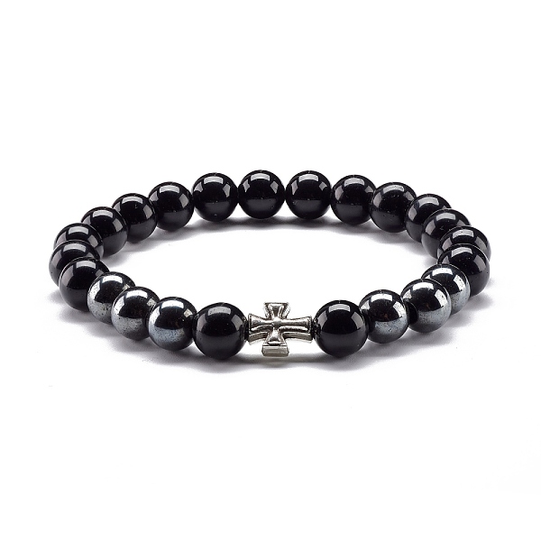 

PandaHall Natural Obsidian & Non-Magnetic Synthetic Hematite Round Beads Energy Stretch Bracelet for Men Women, Cross Alloy Bracelet, Inner...