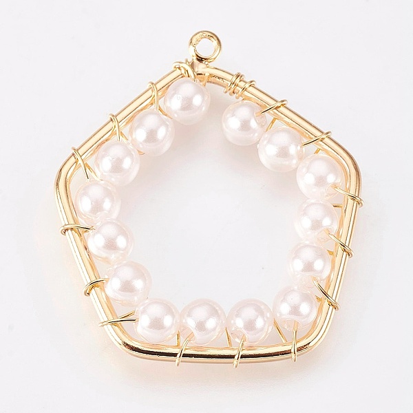 

PandaHall Brass Pendants, with Acrylic Pearl Beads, Nickel Free, Pentagon , Real 18K Gold Plated, 30.5x26x4mm, Hole: 1.6mm Brass+Plastic...