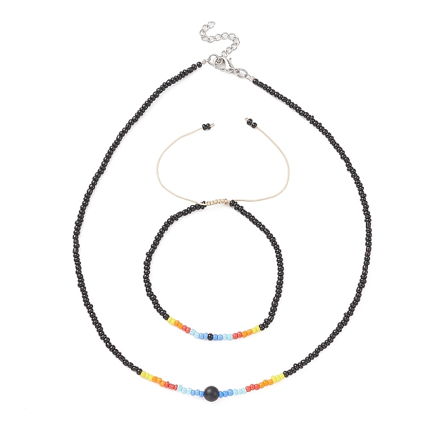 

PandaHall Glass Seed Beaded Necklace & Braided Beaded Bracelet, Jewelry Set for Women, Black, 15-1/8 inch(38.5cm), 2-1/4~3-1/4 inch...