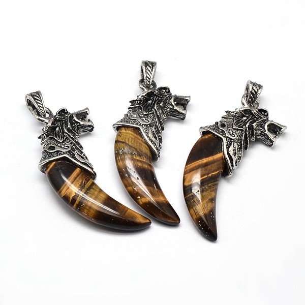 

PandaHall Antique Silver Zinc Alloy Natural Tiger Eye Big Pendants, Tusk Shape with Wolf, Lead Free & Nickel Free, 53~57x23x10mm, Hole...