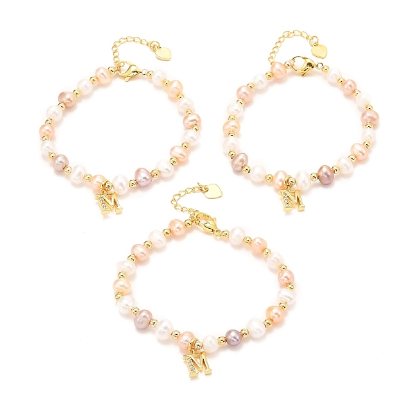 

PandaHall Brass Micro Pave Cubic Zirconia Letter M Charms Bracelets, Real 18K Gold Plated, with Natural Pearl, Long-Lasting Plated, Mixed..., Multicolor