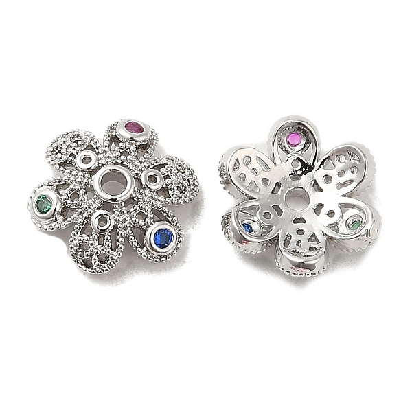 

PandaHall Brass Micro Pave Colorful Cubic Zirconia Bead Caps, Flower, Platinum, 10x9x3mm, Hole: 1.4mm Brass+Cubic Zirconia