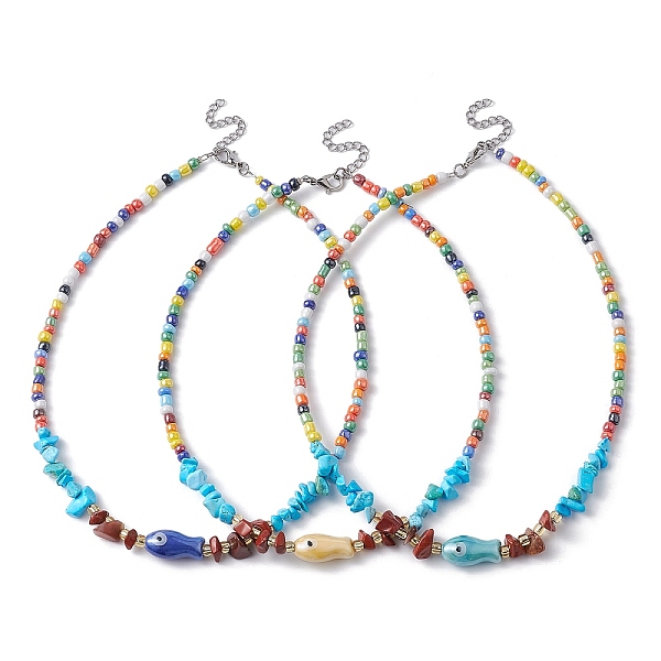 

PandaHall Natural Red Jasper & Howlite Chips & Porcelain Fish Beaded Necklace with Alloy Clasps, Mixed Color, 15.55 inch(39.5cm) Red Jasper..., Multicolor