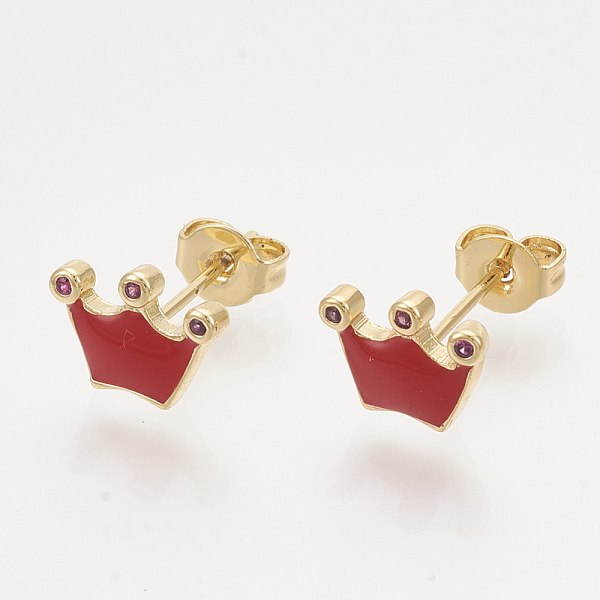 

PandaHall Brass Cubic Zirconia Stud Earrings, with Enamel and Ear Nuts, Crown, Golden, Red, 7x9.5mm, Pin: 0.7mm Cubic Zirconia Red
