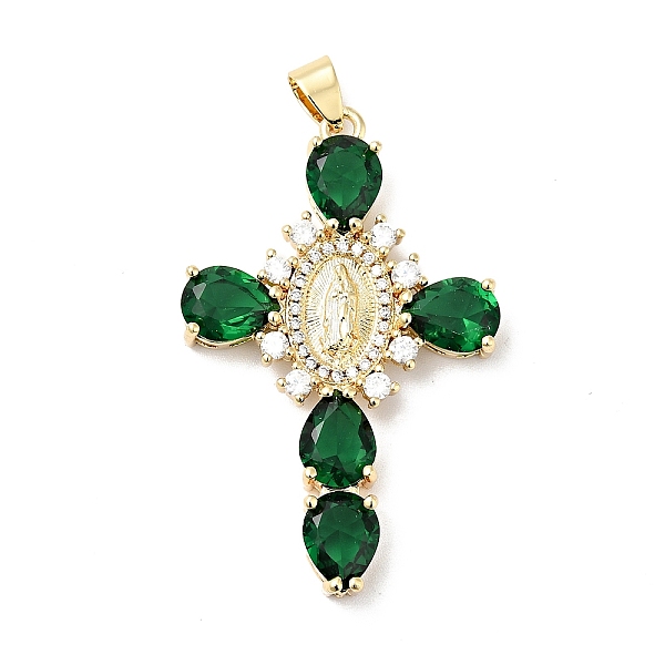 

PandaHall Rack Plating Brass Micro Pave Cubic Zirconia Pendants, Cadmium Free & Lead Free, Real 18K Gold Plated, Cross with Saint, Green...