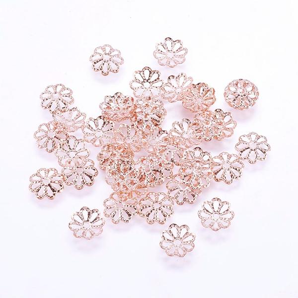 PandaHall Long-Lasting Plated Brass Fancy Bead Caps, Multi-Petal, Real Rose Gold Plated, Flower, Rose Gold, 8x1mm, Hole: 1mm Brass