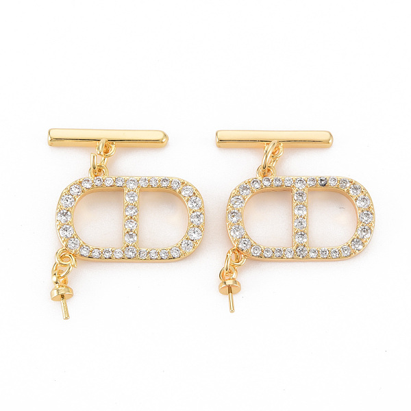 

PandaHall Brass Micro Pave Clear Cubic Zirconia Peg Bails Toggle Clasps, for Half Drilled Bead, Nickel Free, Oval & Bar, Real 18K Gold...