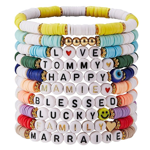 

PandaHall 10Pcs 10 Style Encourage Word Polymer Clay Heishi Surfer Stretch Bracelets Set with Heart, Lucky Preppy Bracelets with Heart for..., Multicolor
