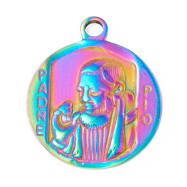 

PandaHall Ion Plating(IP) 304 Stainless Steel Pendants, Flat Round with Saint Padre Pio, Rainbow Color, 24x20x2.5mm, Hole: 2.5mm 304...