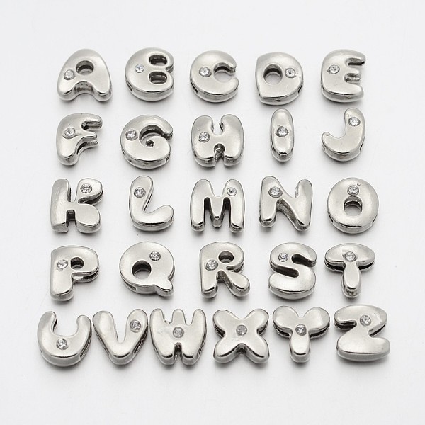 

PandaHall English Alphabet Sets, 26 Letter Slider Alloy Beads with Single Rhinestone, Letter A~Z, 11~13x9~11.5x4~5mm, Hole: 7.5~8x1mm..., Clear