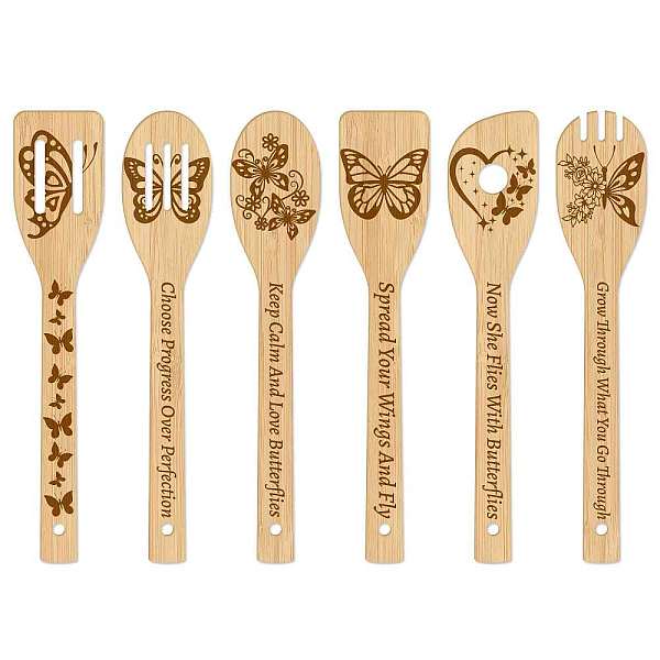 

PandaHall 6Pcs Bamboo Spoons & Knifes & Forks, Flatware for Dessert, Butterfly Pattern, 60x300mm, 6 style, 1pc/style, 6pcs/set Bamboo..., Orange