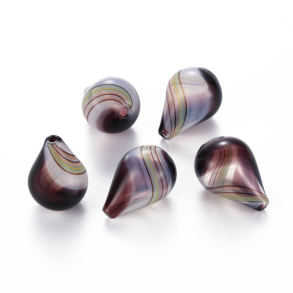

PandaHall Transparent Handmade Blown Glass Globe Beads, Stripe Pattern, Teardrop, Coconut Brown, 19.5~21x14~15mm, Hole: 1~2mm Glass Teardrop