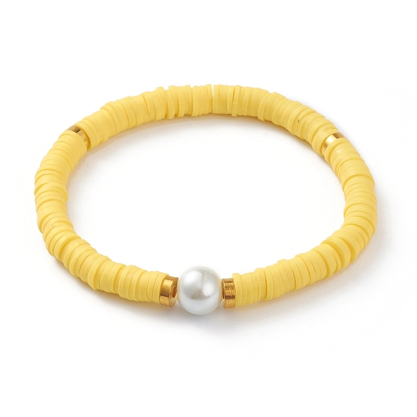 

PandaHall Handmade Polymer Clay Heishi Beads Stretch Bracelets, with Brass Spacer Beads and Round Glass Pearl Beads, Yellow, Inner Diameter...