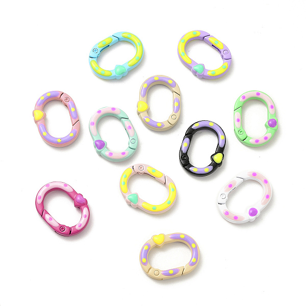 

PandaHall Spray Painted Alloy Spring Gate Rings, Oval Ring with Heart Pattern, Mixed Color, 28x21x6mm Alloy Multicolor