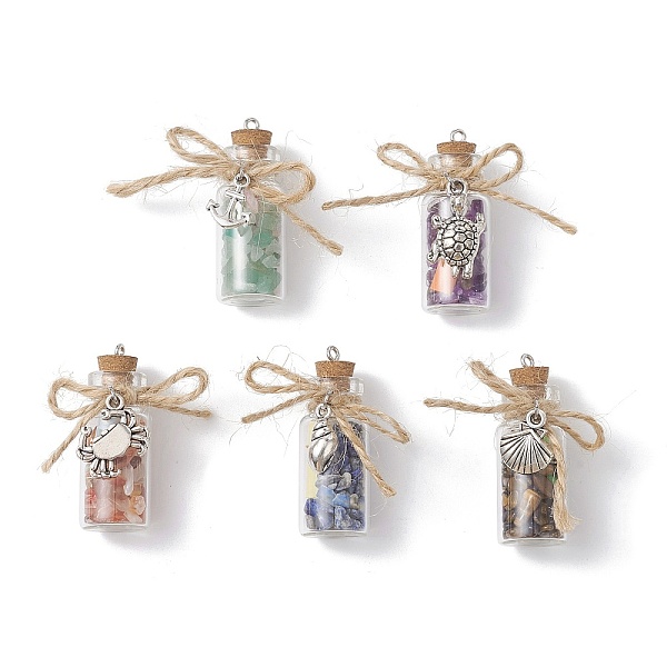 

PandaHall Glass Jar Glass Bottles Pendants, with Natural Mixed Gemstone Chips and Paper Slip Rolls inside, with Alloy Ocean Theme Charms..., Clear