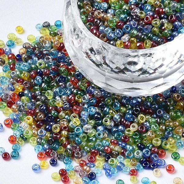 

PandaHall Glass Seed Beads, Transparent Colours Luster, Round, Colorful, 2~2.5x1.5~2mm, Hole: 0.8mm, about 450g/pound Glass