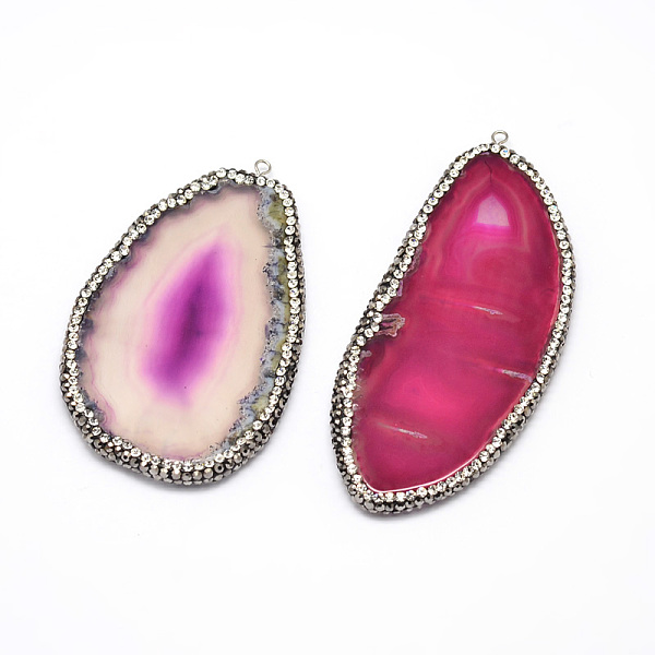 

PandaHall Dyed Natural Agate Nuggets Big Pendants, with Polymer Clay Rhinestone and Platinum Tone Brass Findings, Fuchsia, 50~92x31~58x5mm..., Pink