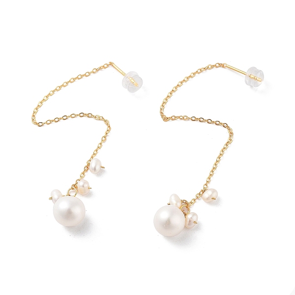

PandaHall Round Natural Pearl Stud Earrings for Women, Sterling Silver Ear Thread, Real 18K Gold Plated, 89x8mm Pearl Round