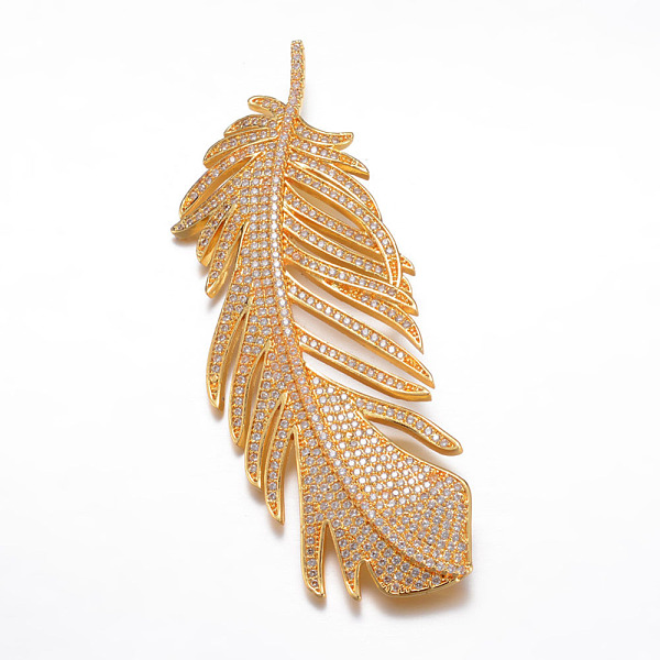 

PandaHall Brass Micro Pave Cubic Zirconia Big Pendants, Feather, Golden, 80x31x5mm, Hole: 3mm Brass+Cubic Zirconia Feather
