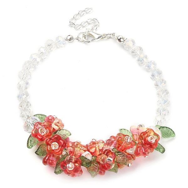 

PandaHall Flower Glass Beaded Link Bracelet with Alloy Clasps for Women, Tomato, 9-1/2 inch(24cm) Glass Red