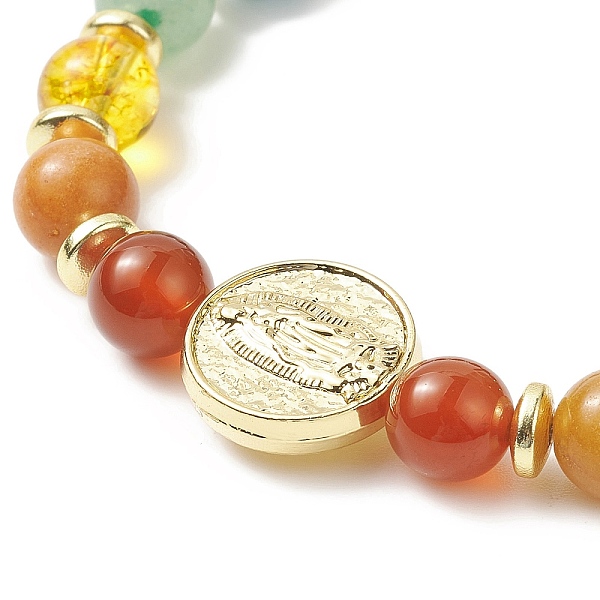 Dyed Natural & Synthetic Mixed Gemstone & Brass Virgin Mary Beaded Stretch Bracelet