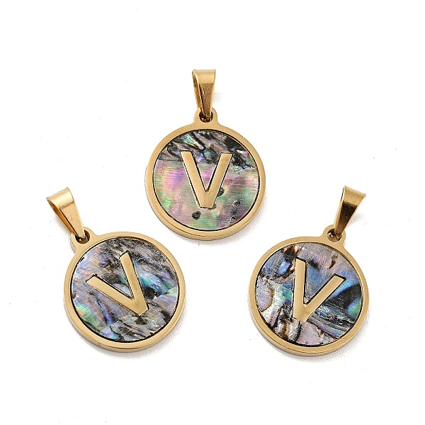

PandaHall Vacuum Plating 304 Stainless Steel with Paua Shell Pendants, Golden, Flat Round with Letter Charm, Letter.V, 18x16x1.5mm, Hole...