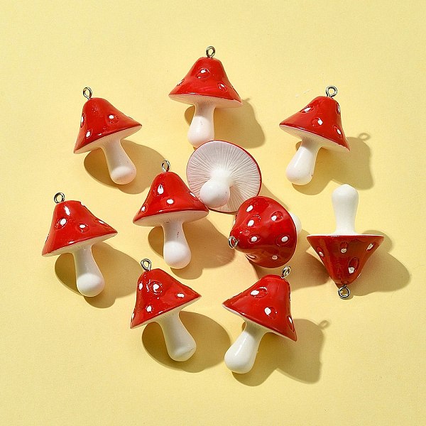 

PandaHall 10Pcs Opaque Resin Pendants, Mushroom Charms, Red, 34~36x22~26x22~26mm, Hole: 2mm Resin Mushroom Red