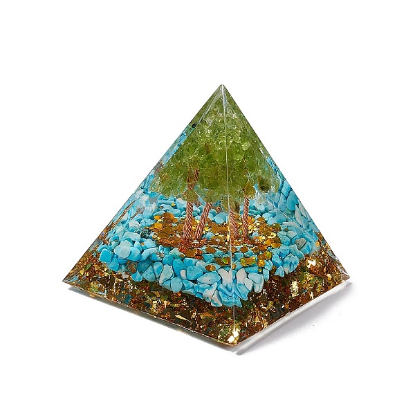 

PandaHall Orgonite Pyramid Resin Display Decorations, with Gold Foil and Synthetic Turquoise Chips Inside, for Home Office Desk...