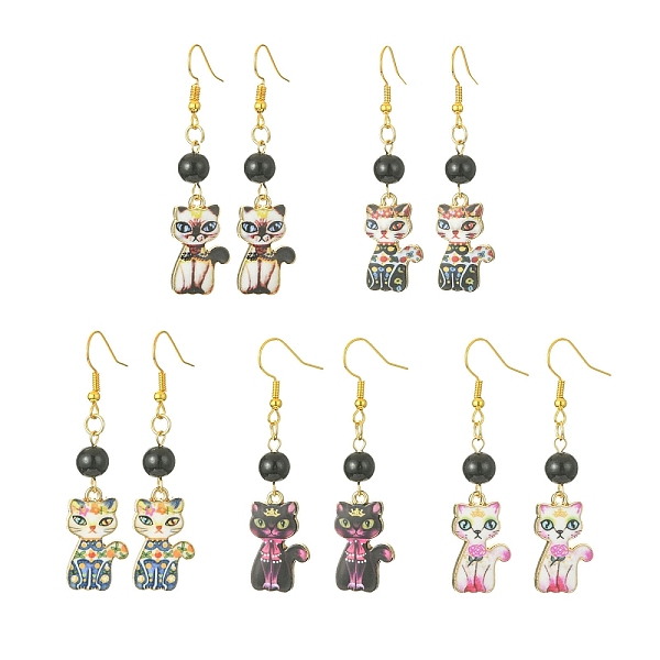 

PandaHall 5 Pair 5 Style Rack Plating Alloy Cat Shape Dangle Earrings, with Acrylic Beaded, Mixed Color, 56x14.5mm, 1 Pair/style Alloy Cat..., Multicolor
