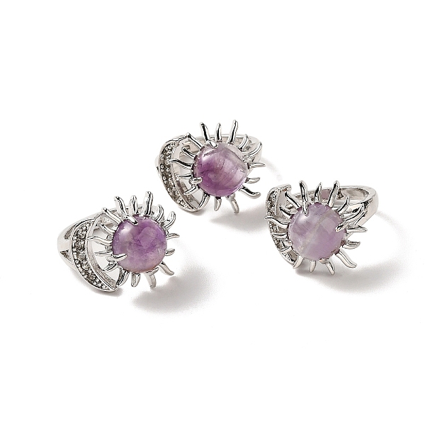 

PandaHall Natural Amethyst Sun & Moon Open Cuff Rings, Platinum Brass Jewelry for Women, Lead Free & Cadmium Free, Inner Diameter: 17~18mm...