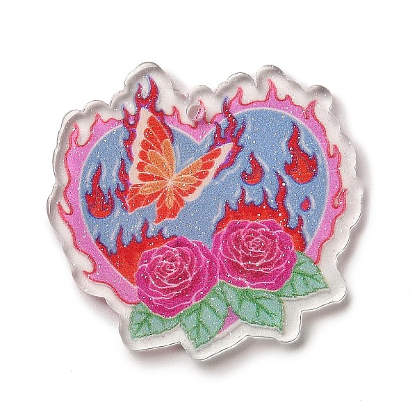 

PandaHall Valentine's Day Transparent Printed Acrylic Pendants, Heart Charm, Flower, 38x40x2.5mm, Hole: 2mm Acrylic Flower Multicolor