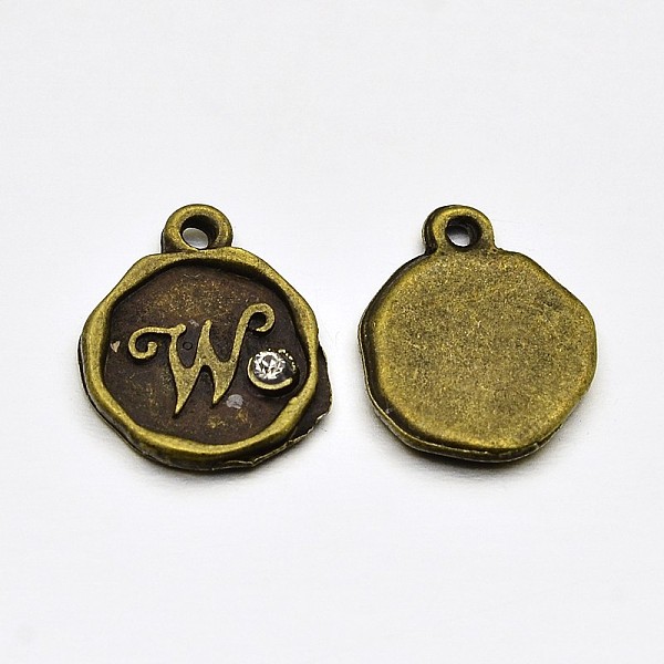 

PandaHall Antique Bronze Plated Alloy Rhinestone Charms, Flat Round with Letter.W, Nickel Free, 13x10x1.5mm, Hole: 1mm Alloy+Rhinestone..., Clear