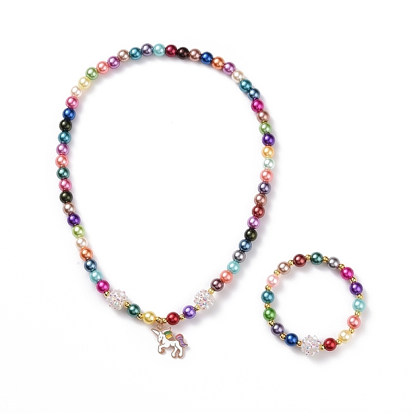 PandaHall Unicorn Theme Bracelets & Necklaces Sets for Kids, Acrylic Beaded Stretch Bracelets & Alloy Enamel Pendant Necklaces, Mixed Color...