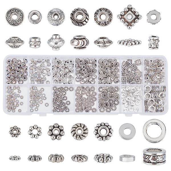 

PandaHall 420Pcs 14 Styles Tibetan Style Spacer Beads, Donut & Square & Daisy, Mixed Shapes, Antique Silver, 4.5~8x1.5~6.3mm, Hole: 1~5mm...