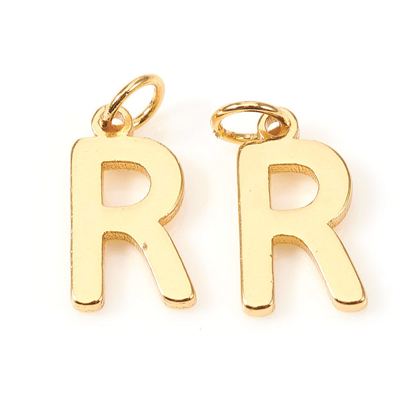 

PandaHall Brass Charms, with Jump Rings, Letter, Real 18K Gold Plated, Letter.R, R: 10x5.5x1mm, Hole: 2.5mm Brass Letter R