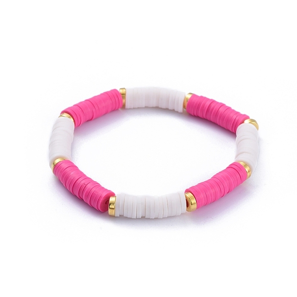 

PandaHall Handmade Polymer Clay Heishi Beads Stretch Bracelets, with Alloy Spacer Beads, Camellia, 2-1/8 inch(5.4cm) Polymer Clay Pink