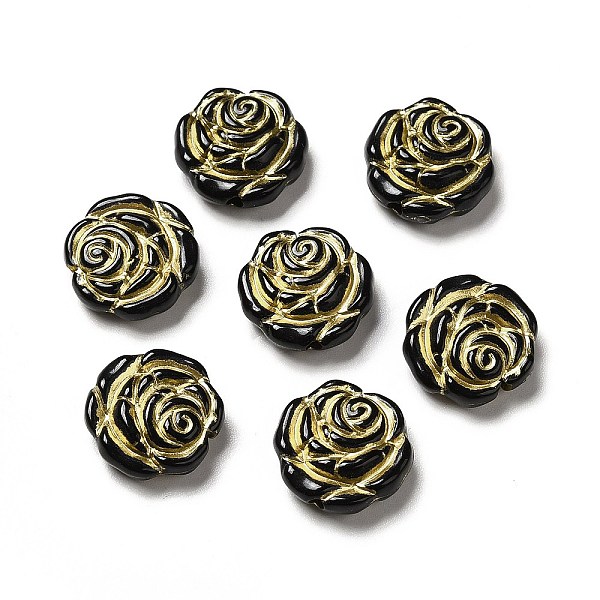 PandaHall UV Plating Acrylic Beads, Golden Metal Enlaced, Flower, Black, 14x5mm, Hole: 1.6mm, about 1050pcs/500g Acrylic Flower Black