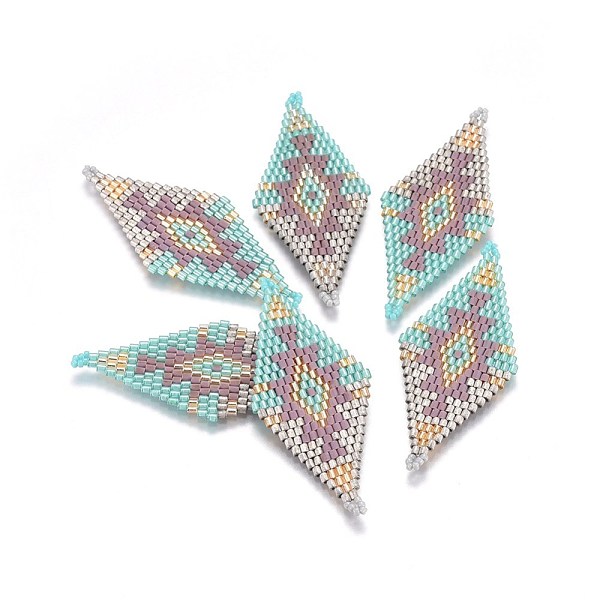 

PandaHall MIYUKI & TOHO Handmade Japanese Seed Beads Links, Loom Pattern, Rhombus, Colorful, 60~61x24.5~25x1.7mm, Hole: 1.6mm Glass Rhombus