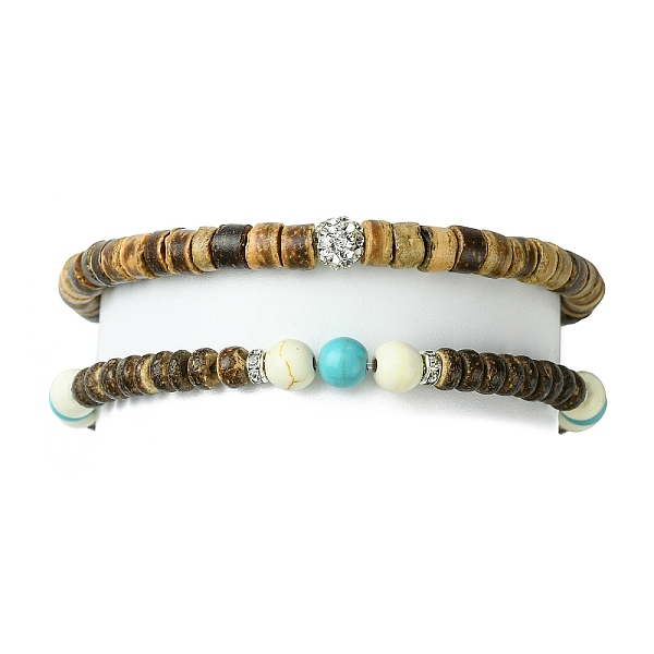 

PandaHall 2Pcs 2 Style Synthetic Turquoise Round & Natural Coconut Disc Beaded Stretch Bracelets Set, Rhinestone Stackable Bracelets, Inner..., Clear