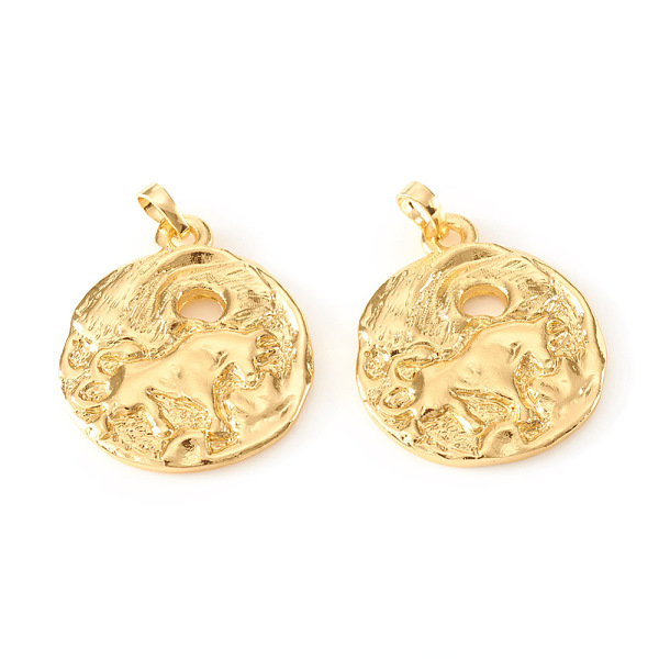 

PandaHall Brass Pendants, Textured, Flat Round with Constellation/Zodiac Sign, Real 18K Gold Plated, Taurus, 31.5~34x28~29x3~4mm, Hole...